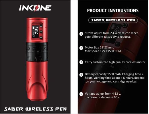 مسدس الوشم اللاسلكي 1500mAh INKONE SABER قلم آلة الوشم اللاسلكي القوي المحرك الطويل ضربة 4.2mm الطائرات الألومنيوم المزود